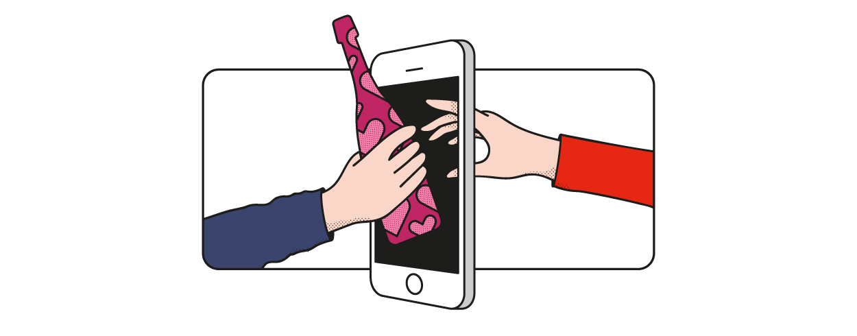 Kuvituskuva, jossa kaksi henkilöä ojentavat kuohuviinipulloa matkapuhelimen läpi.