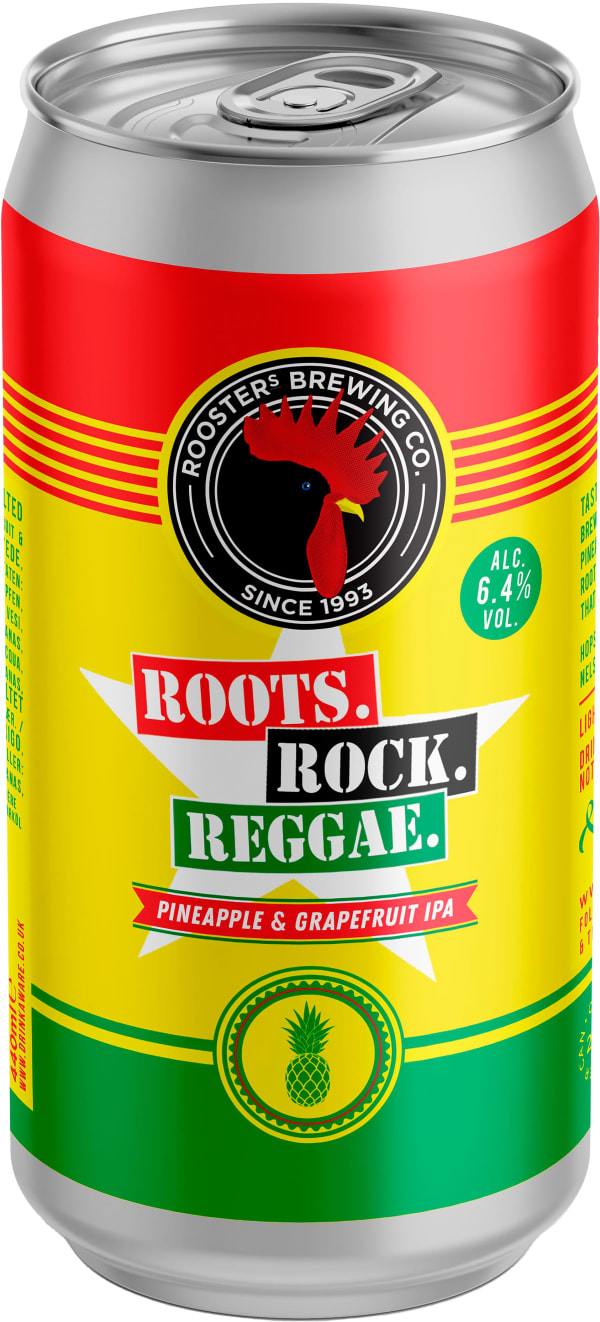 Rooster's Roots. Rock. Reggae. Pineapple & Grapefruit IPA tölkki